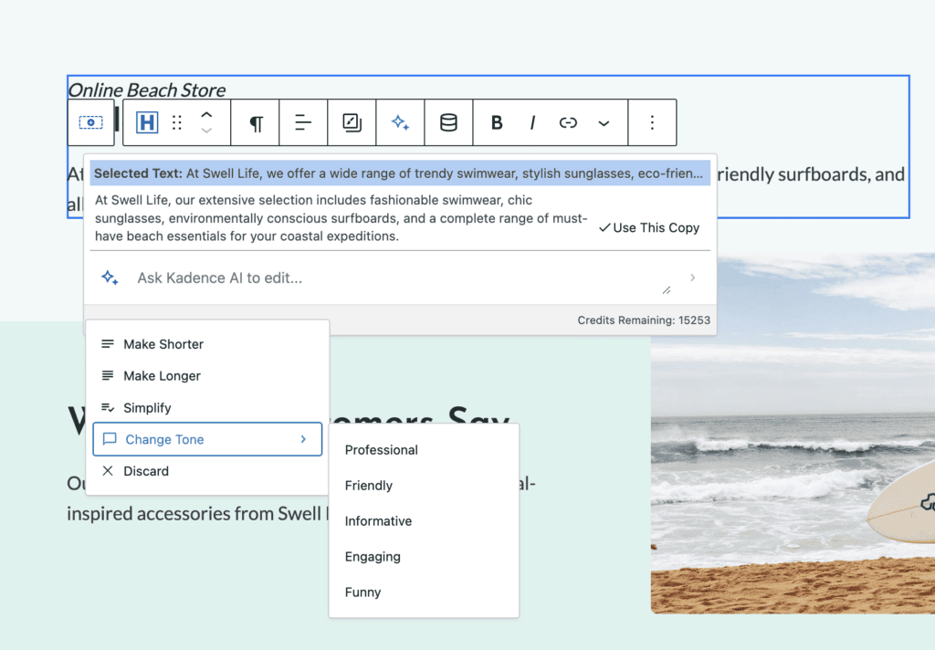 Screenshot showing the AI Inline editor processing selected text. Edit options include make shorter, make longer, simplify, change tone (professional, friendly, informative, engaging, funny), and discard
